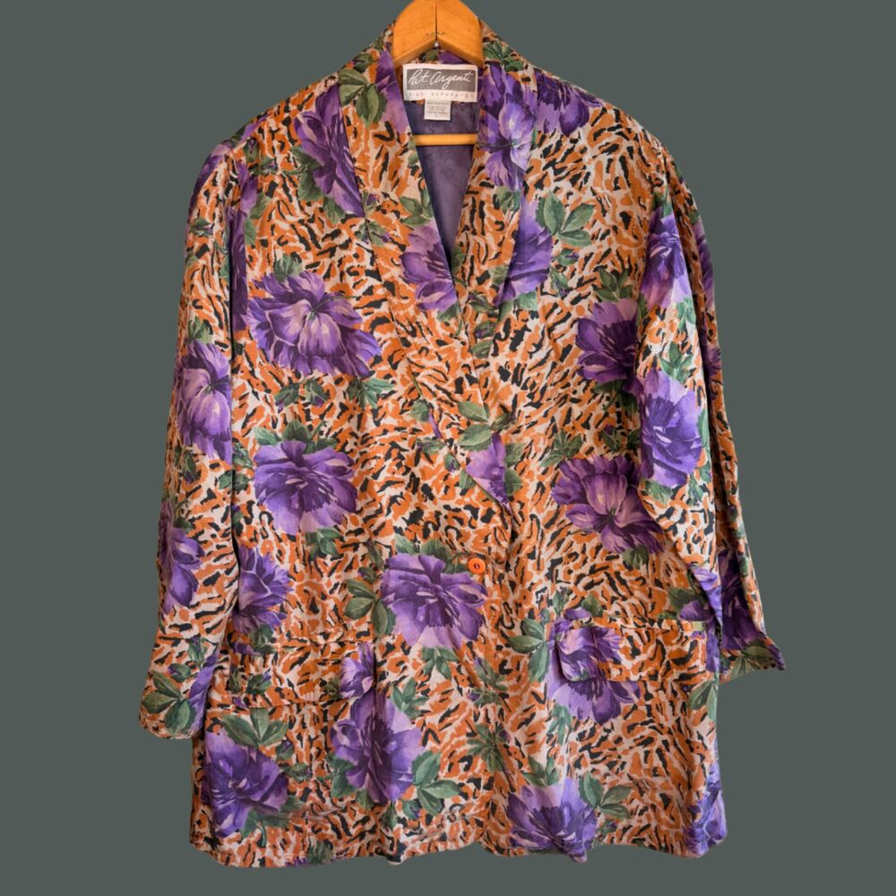 Funky Vintage 80s Pat Argenti Leopard and Floral Print Silk Blazer